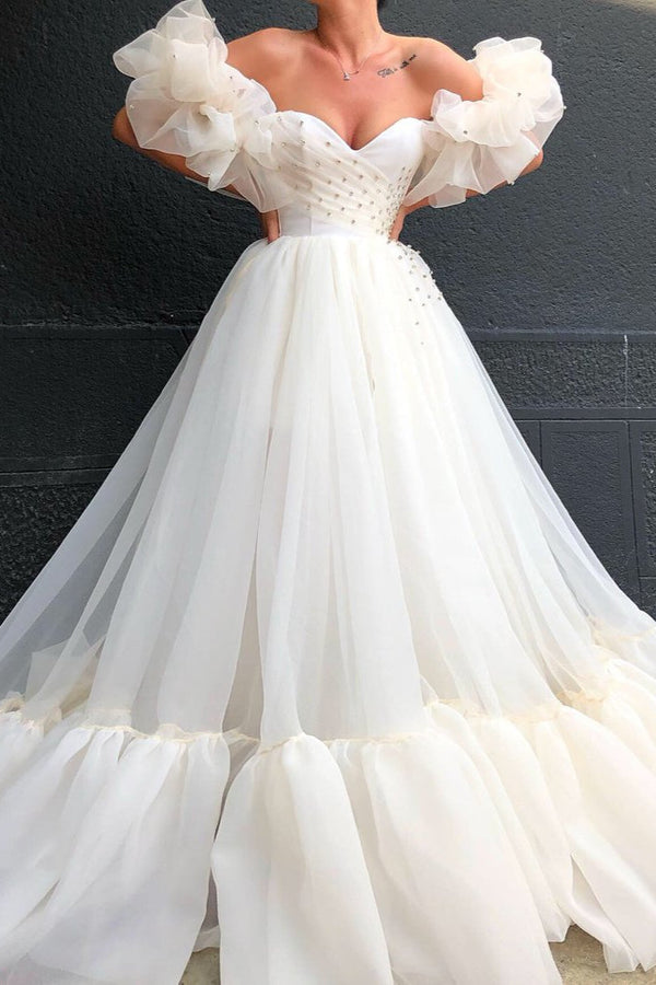 Bubble Sleeves Tulle Ball Dresses With Crystals Off-the-Shoulder