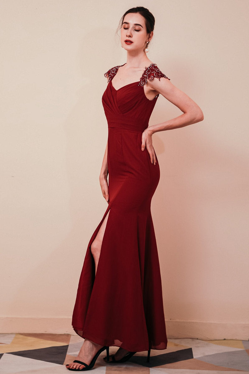 Burgundy Evening Gowns Beadings Cap sleeves Chiffon Column Evening Party Gowns