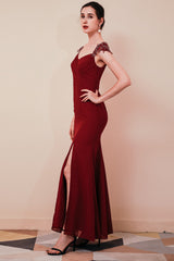Burgundy Evening Gowns Beadings Cap sleeves Chiffon Column Evening Party Gowns