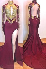 Burgundy Evening Gowns Gold Appliques Long Sleeves Split Open Back Mermaid Prom Dresses