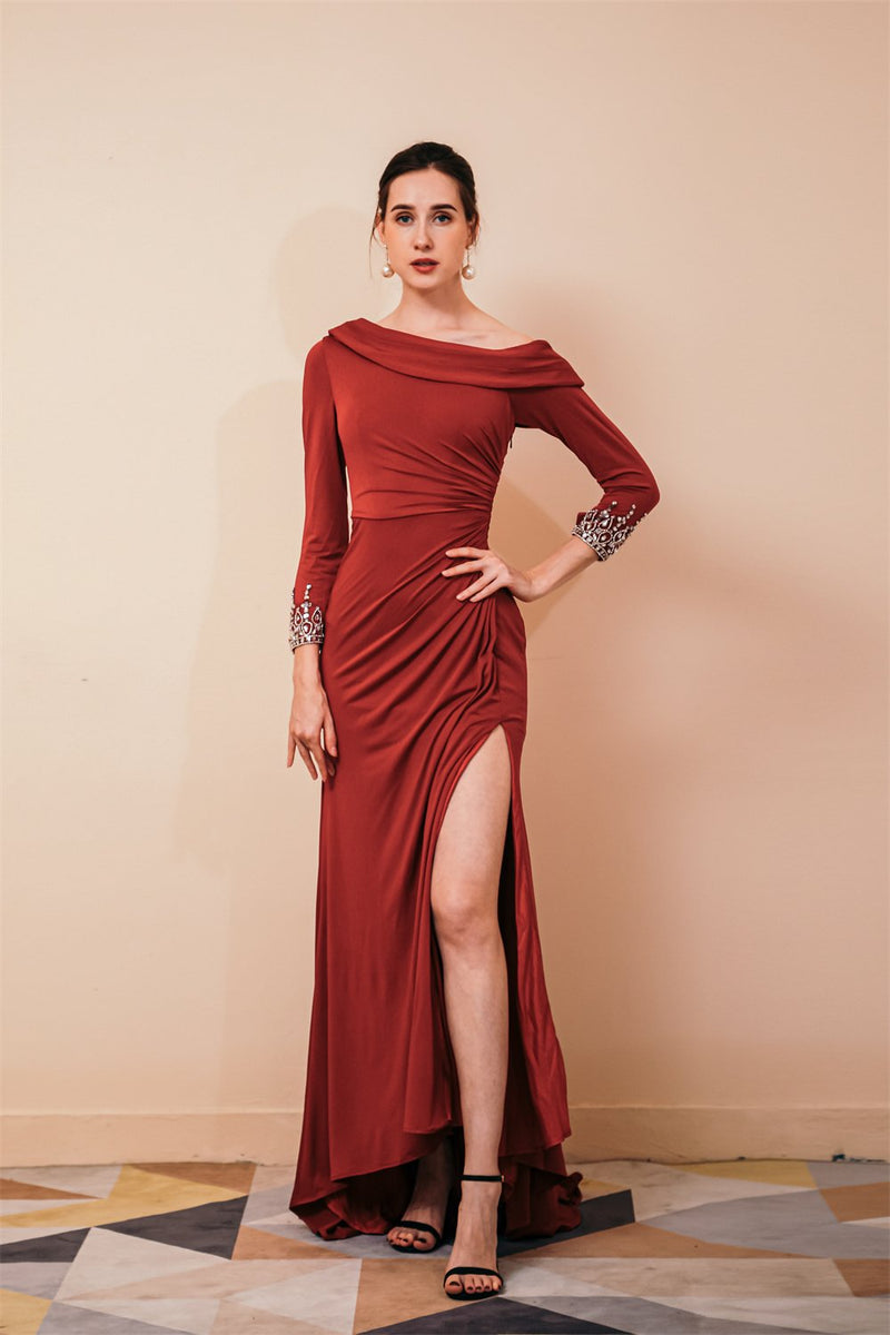Burgundy Evening Gowns Long Sleevess Jersey Unique neckline Evening Party Gowns