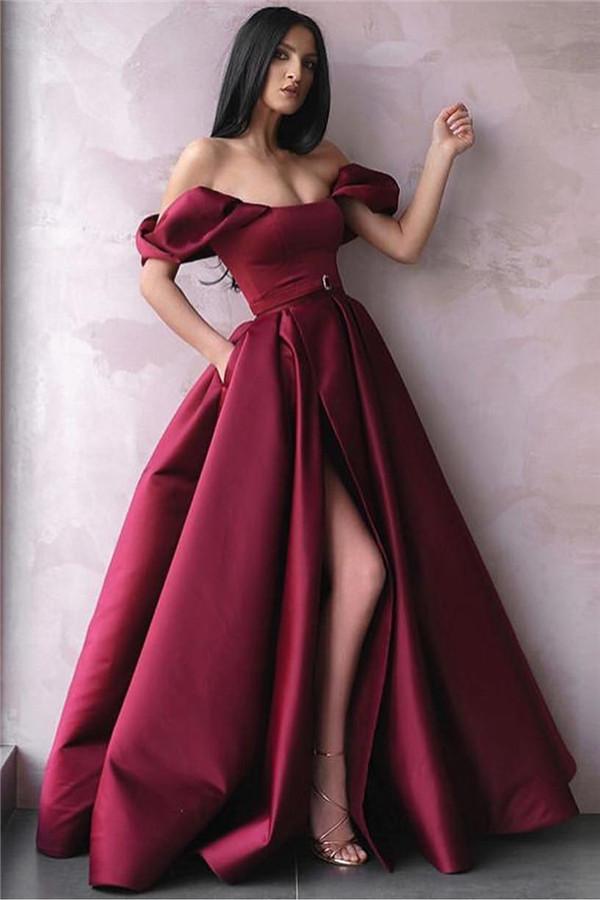 Burgundy Evening Gowns Off-The-Shoulder Side Split Princess A-Line Formal Dresses