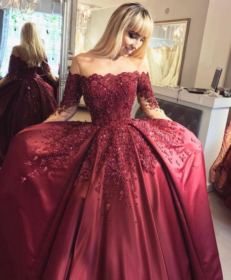 Burgundy Evening Gowns Off-the-Shoulder Long Sleeves Crystal Appliques Ball Prom Dresses