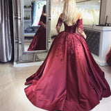 Burgundy Evening Gowns Off-the-Shoulder Long Sleeves Crystal Appliques Ball Prom Dresses