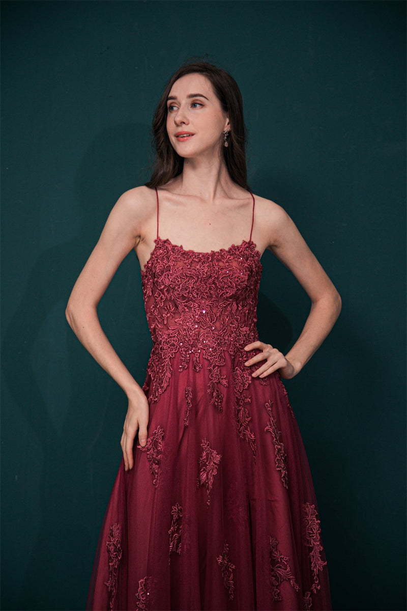 Burgundy Evening Gowns Spaghetti-Straps Lace Appliques High split Prom Dress