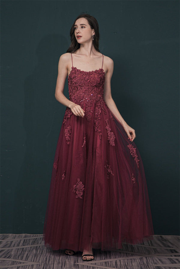 Burgundy Evening Gowns Spaghetti-Straps Lace Appliques High split Prom Dress