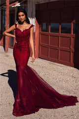 Burgundy Evening Gowns Straps Appliques Tulle Mermaid Prom Dresses