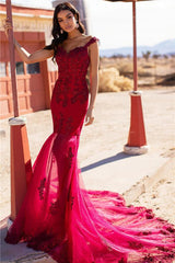 Burgundy Evening Gowns Straps Appliques Tulle Mermaid Prom Dresses