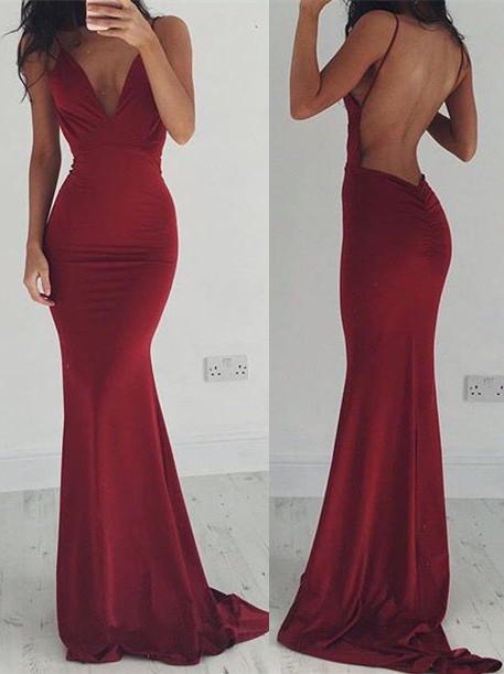 Burgundy Evening Gowns Stretchy Spaghettis-Straps Backless Column Prom Dresses