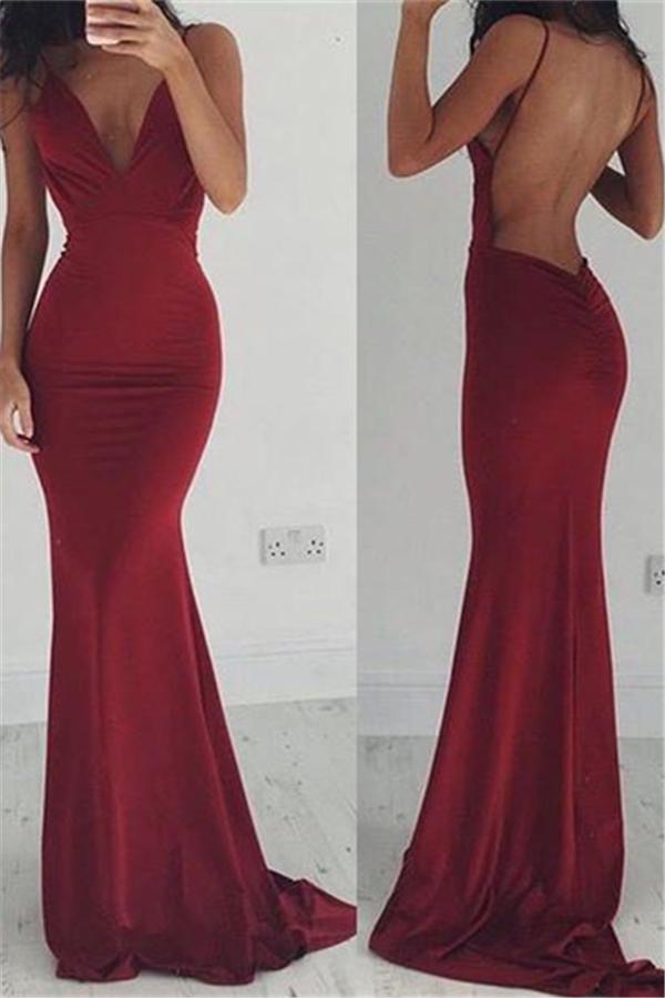 Burgundy Evening Gowns Stretchy Spaghettis-Straps Backless Column Prom Dresses