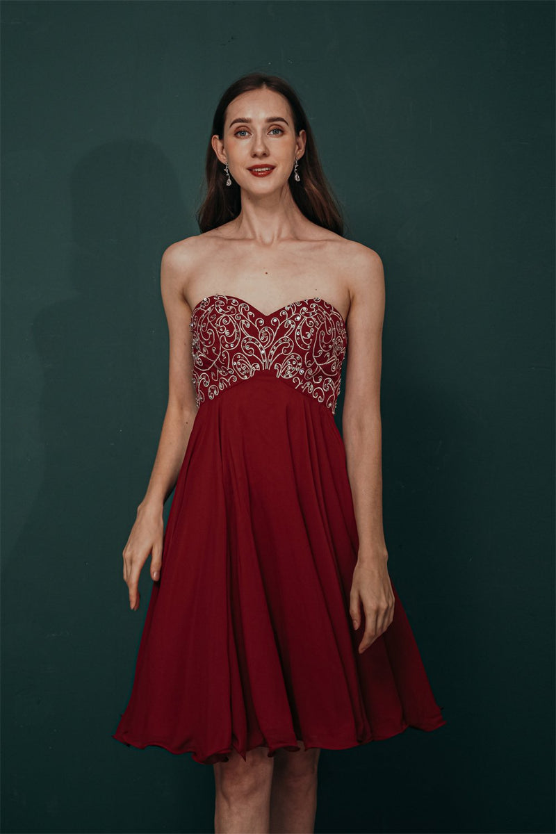 Burgundy Evening Gowns Sweetheart Gorgeous Beadings Chiffon Homecoming Dress