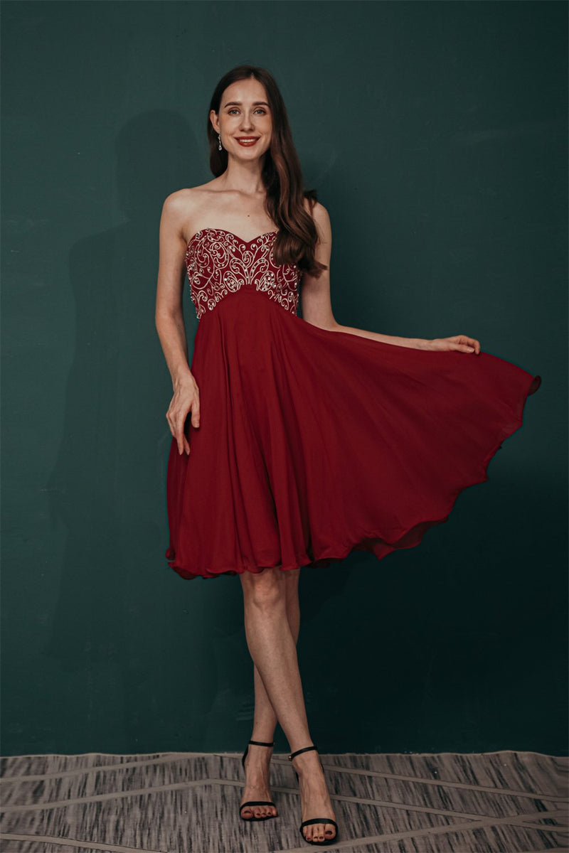 Burgundy Evening Gowns Sweetheart Gorgeous Beadings Chiffon Homecoming Dress