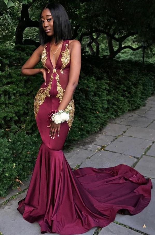 Burgundy Evening Gowns V-Neck Prom Dress, Mermaid Evening Party Gowns