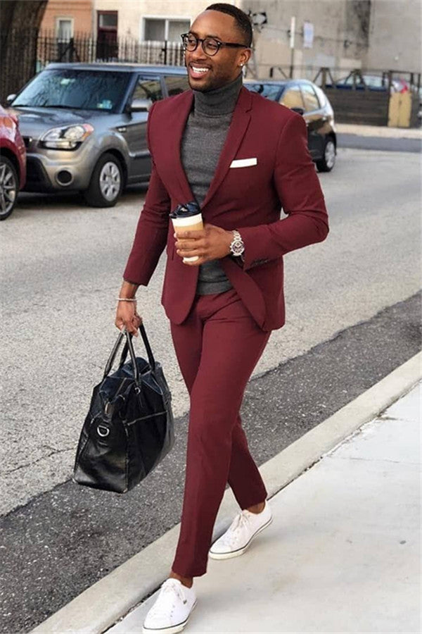 Burgundy One Button Men's Suit Slim Fit Formal Business Suit