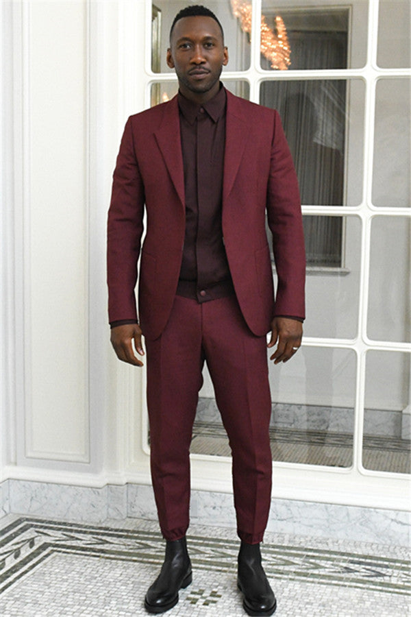 Burgundy Peaked Lapel Men Suits Two Piece Slim Fit Prom Outfits Online