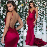 Burgundy Sleeveless Mermaid Backless Prom Dresses Spaghetti-Straps Lace Appliques Evening Gowns