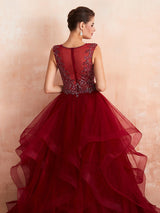 Burgundy V-Neck Sleeveless Long Prom Dress With Crystals