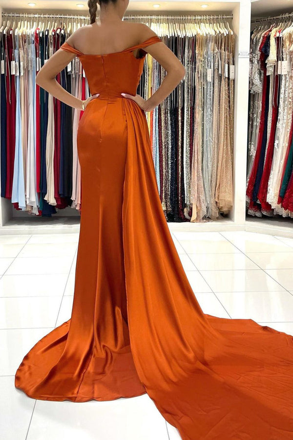 Burnt Orange Mermaid Prom Dress Long With Split Off-the-Shoulder