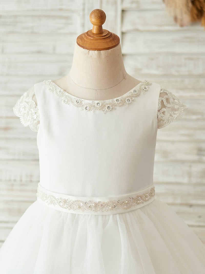 Buttons Short Sleeves Jewel Neck Ecru White Kids Party Dresses