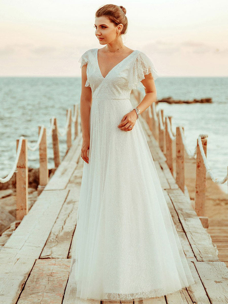 Casual Wedding Dress A Lne Chic V-Neck Short Sleeve Long Tulle Beach Wedding Party Dresses Bridal Gowns