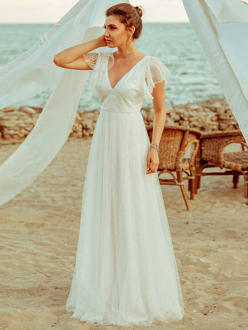Lace Top Spaghetti Strap Chiffon White Beach Wedding Dress