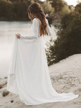 Casual Wedding Dress A-line Chic V-Neck Long Sleeve Long Chiffon Lace Beach Wedding Dresses