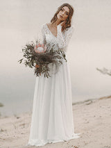 Casual Wedding Dress A-line Chic V-Neck Long Sleeve Long Chiffon Lace Beach Wedding Dresses