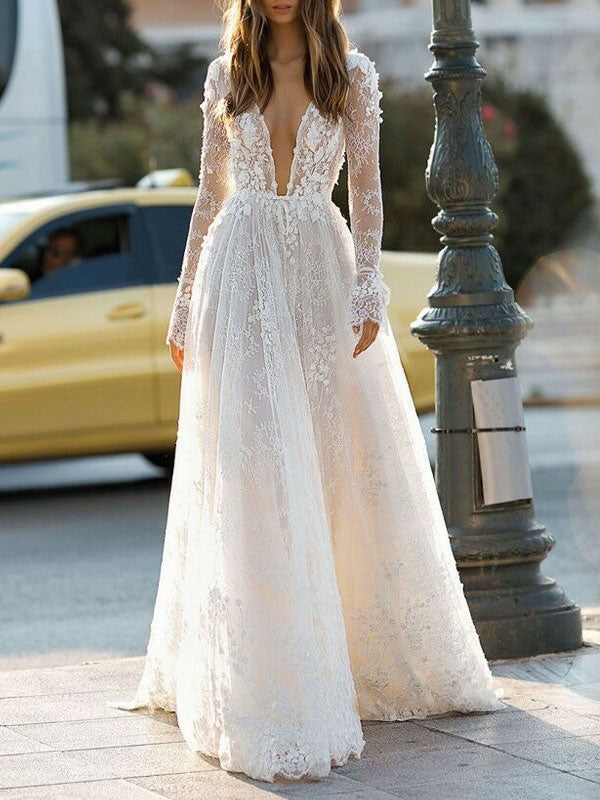 Casual Wedding Dress A-line Chic V-Neck Long Sleeves Lace Long Bridal Gowns