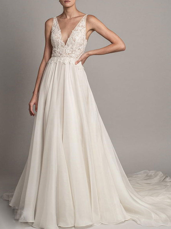 Casual Wedding Dress A-line Chic V-Neck Sleeveless Beaded Bridal Gowns With Train