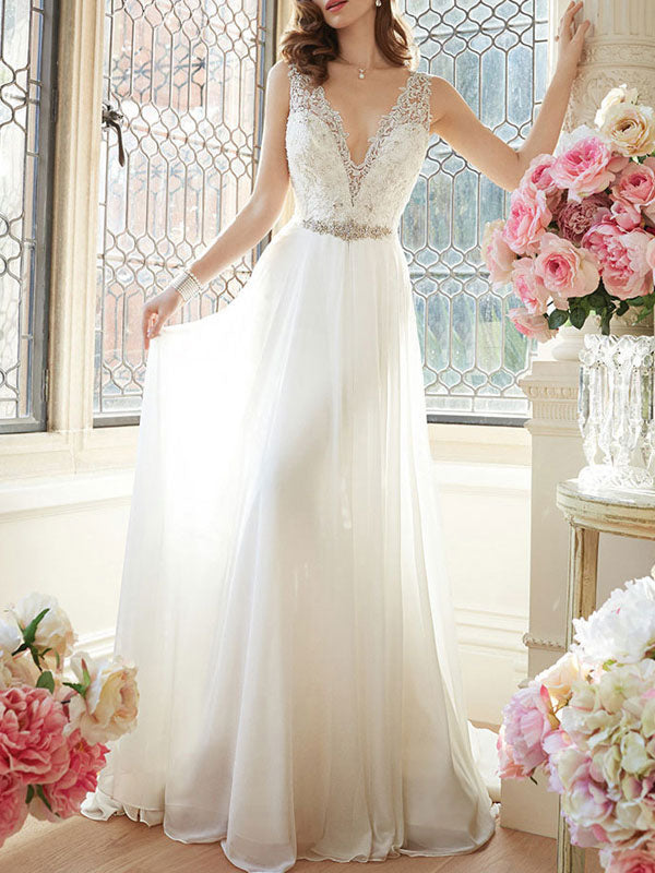 Casual Wedding Dress A-line Chic V-Neck Sleeveless Long Lace Bridal Gowns