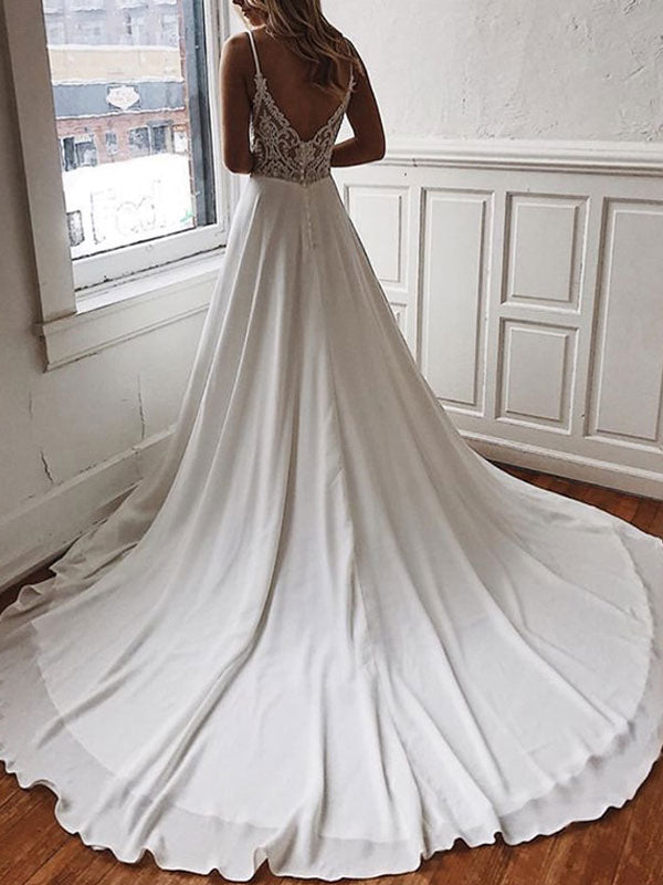 Casual Wedding Dress A-line Chic V-Neck Sleeveless Straps Back Lace Boho Bridal Gowns With Train
