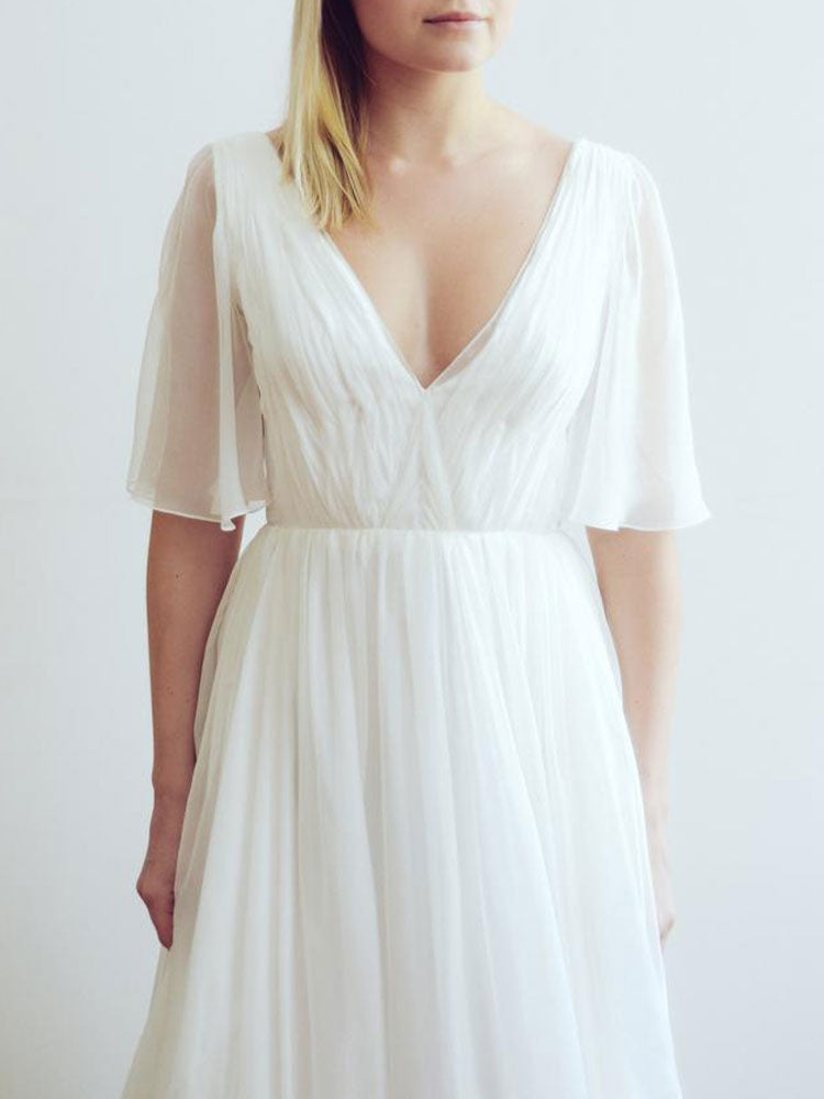 Casual Wedding Dress A-line Chiffon Chic V-Neck Half Sleeves Pleated Long With Train Bridal Gowns