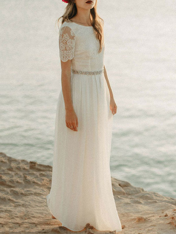 Casual Wedding Dress A-line Jewel Neck Lace Short Sleeve Long Chiffon Beach Wedding Bridal Gowns