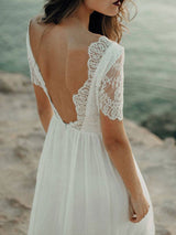 Casual Wedding Dress A-line Jewel Neck Lace Short Sleeve Long Chiffon Beach Wedding Bridal Gowns