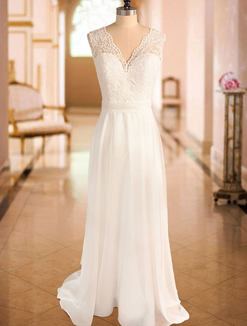 Casual Wedding Dress A-line Lace Chic V-Neck Sleeveless Bows Bridal Gowns With Chapel Train
