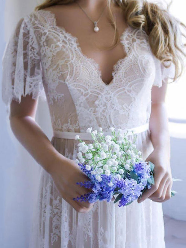Casual Wedding Dress Chic V-Neck A-line Short Sleeve Deep V Sexy Backless Lace Bridal Gowns