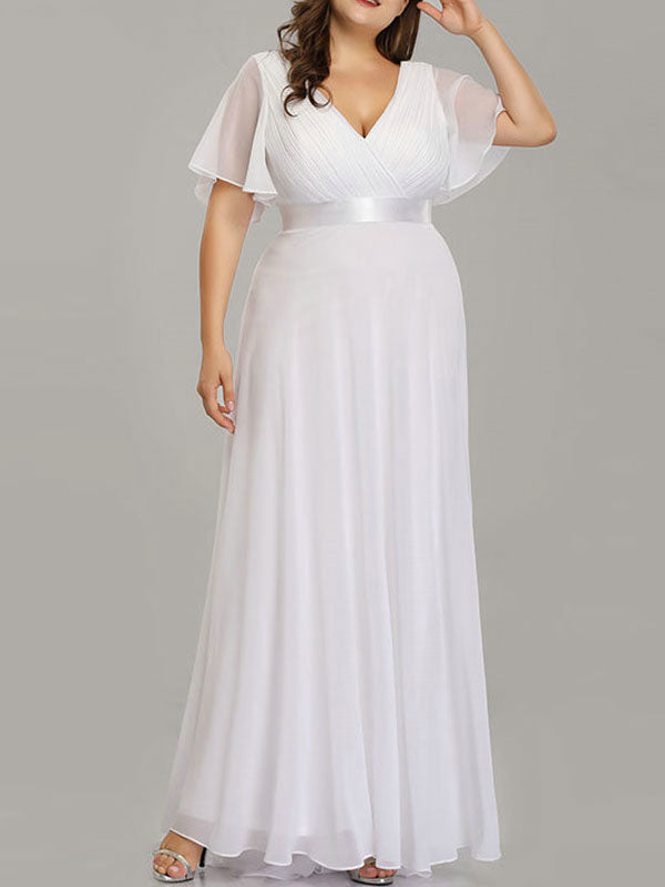Casual Wedding Dress V-Neck Short Sleeves A-line Floor Length Chiffon ...