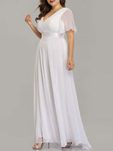 Casual Wedding Dress Chic V-Neck Short Sleeves A-line Long Chiffon Sash Plus Size Bridal Gowns With Sweep Train