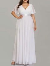 Casual Wedding Dress Chic V-Neck Short Sleeves A-line Long Chiffon Sash Plus Size Bridal Gowns With Sweep Train