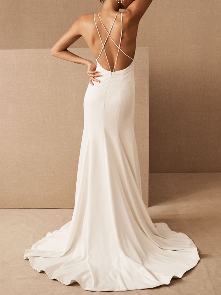 Casual Wedding Dress Column Chic V-Neck Sleeveless Criss Cross Bridal Gowns With Train