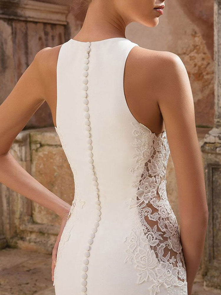 Casual Wedding Dress Lycra Spandex Jewel Neck Sleeveless Lace Mermaid Bridal Gowns