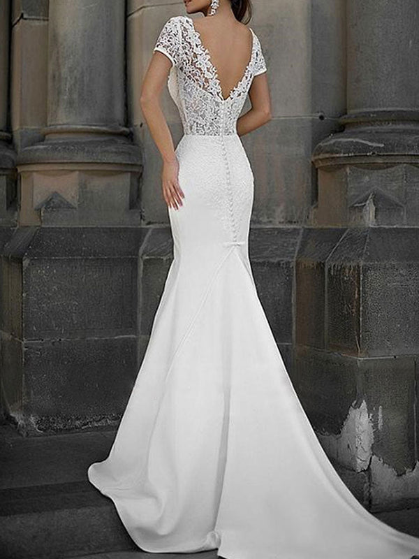 Casual Wedding Dress Mermaid Lace Chic V-Neck Short Sleeves Beaded Sash Bridal Gowns With Train