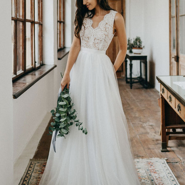 Casual Wedding Dress Tulle A-line V-Neck Sleeveless Lace Floor Length Bridal  Gowns – Dbrbridal