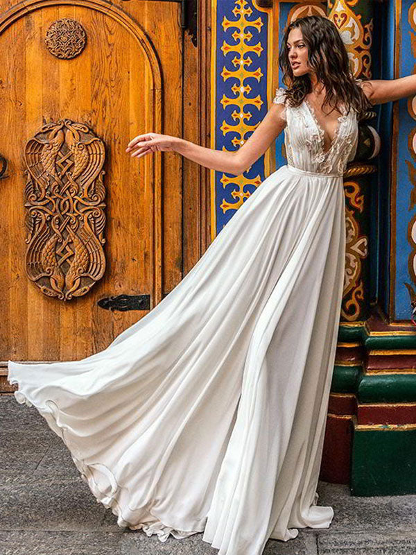 Casual Wedding Dress White A-Line Court Train Chic V-Neck Sleeveless Chiffon Lace Bridal Gowns
