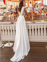 Casual Wedding Dress White A-Line Court Train Chic V-Neck Sleeveless Chiffon Lace Bridal Gowns