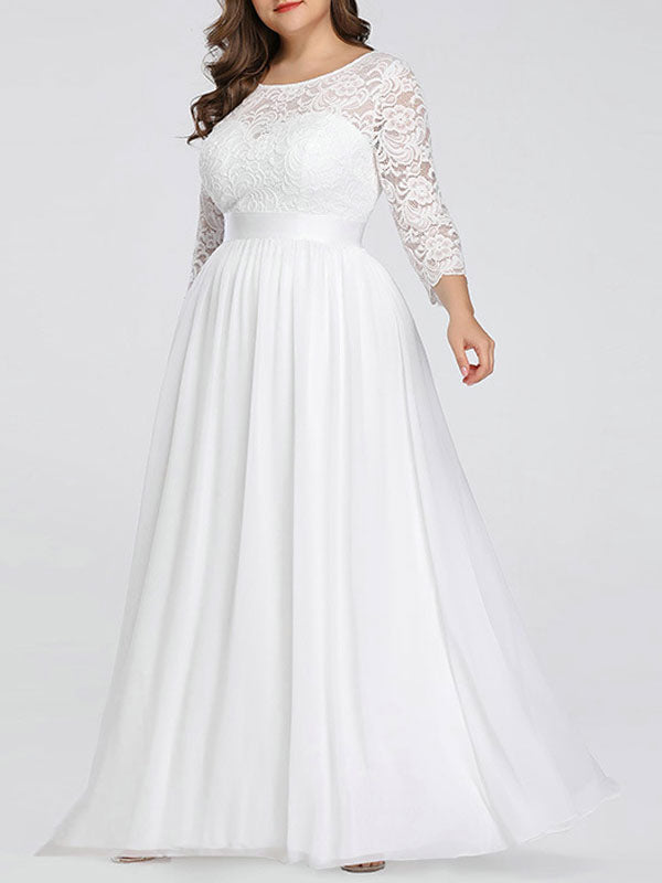Casual Wedding Dresses Lace Chiffon Long 3/4 Length Sleeves Sash Jewel Neck Plus Size Beach Bridal Gowns