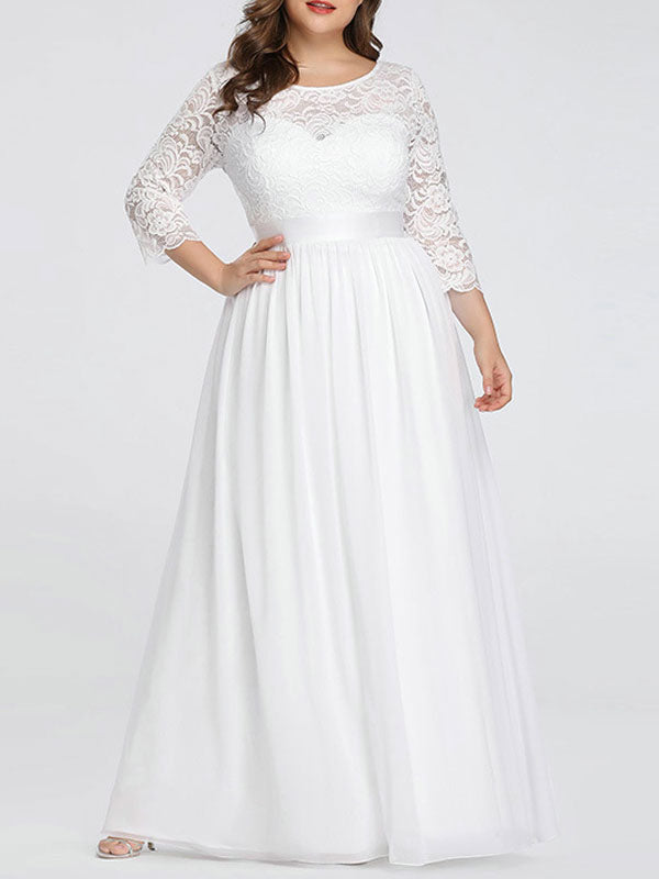 Casual Wedding Dresses Lace Chiffon Long 3/4 Length Sleeves Sash Jewel Neck Plus Size Beach Bridal Gowns