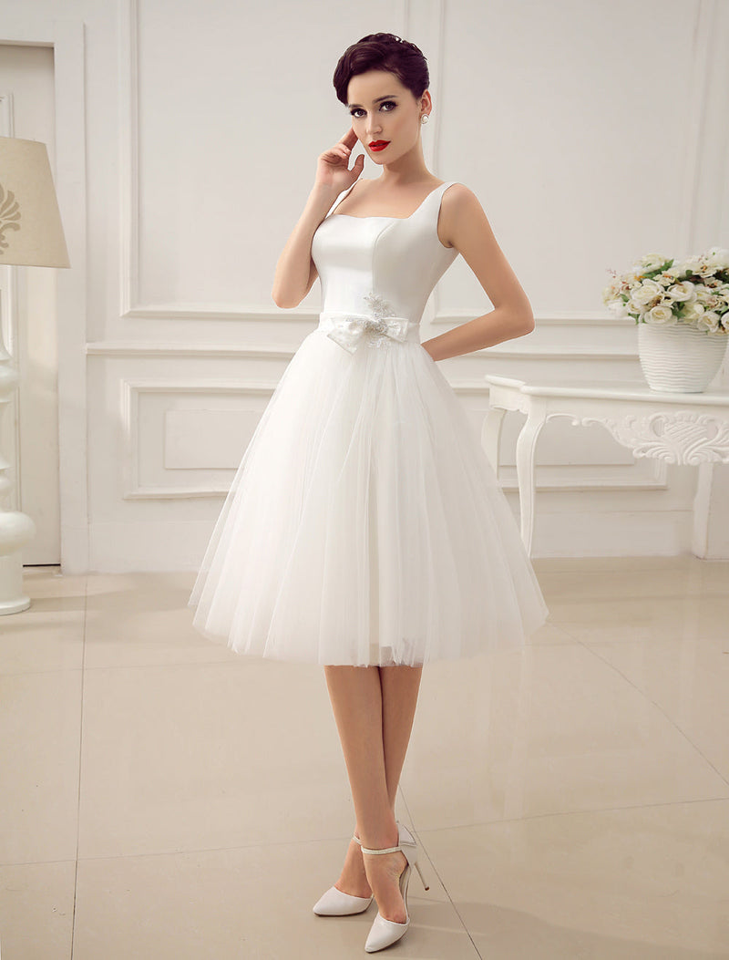 Casual Wedding Dresses Satin Square Neck Applique Short Bridal Dress With Beading Bow Sash Exclusive
