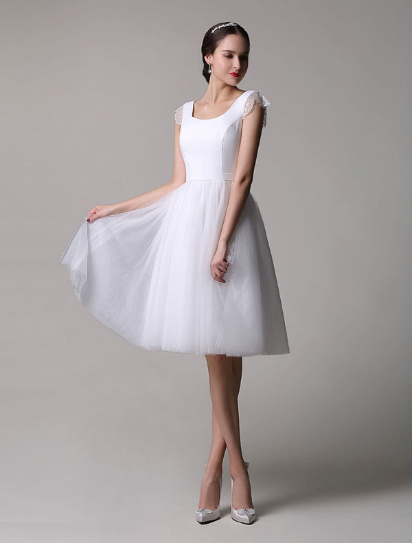 Casual Wedding Dresses Tulle Scoop Neck Knee Length Short Bridal Dress With Lace Cap Sleeves