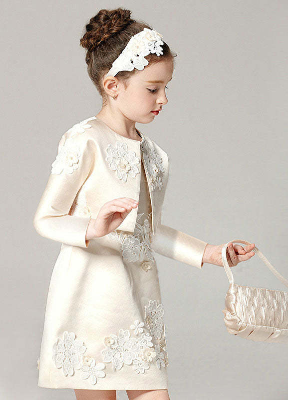Champagne A-line Flower Applique Beaded Short flower girl dress With Jacket